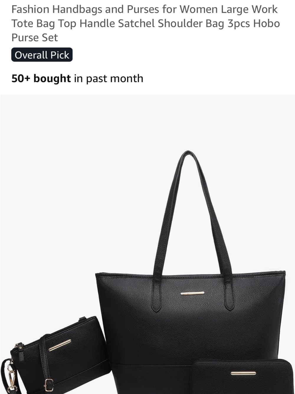 Black Triple-Set Tote Bag for Women - Classic Work & Everyday Carry 3 pieces NEW